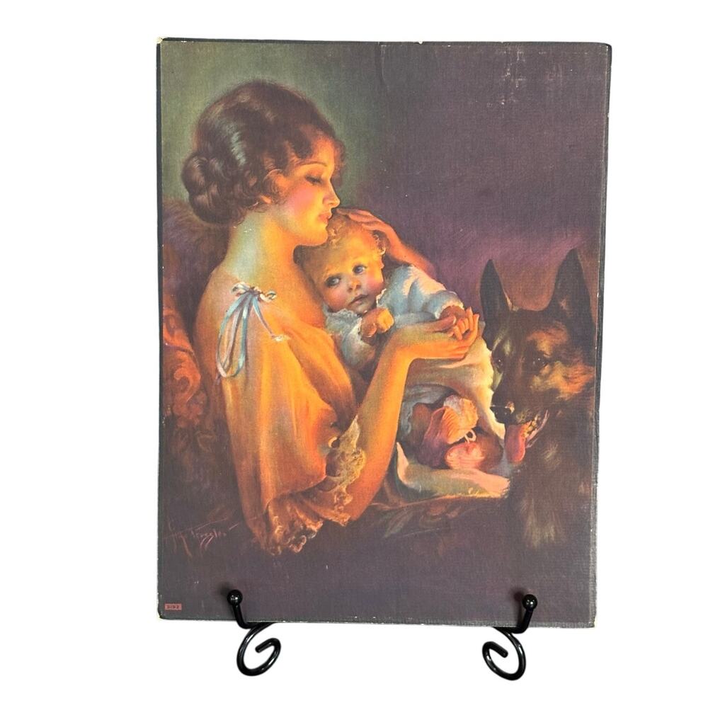 Vintage 1929 Mother, Child & German Shephard Dog Original Print